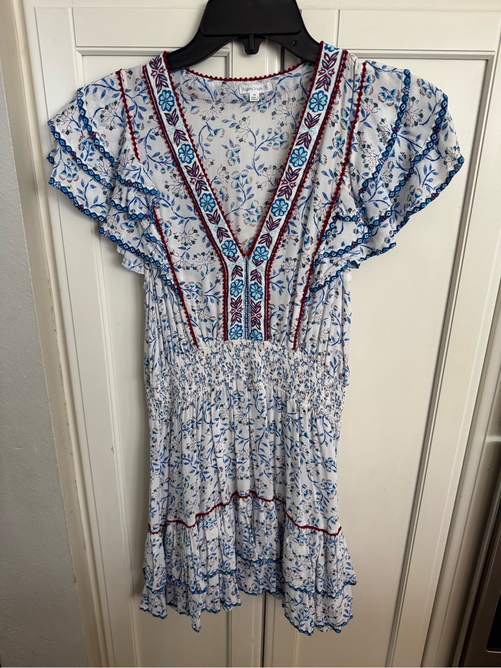 Poupette St. Barth White Dress with Blue Floral and Red Trim
